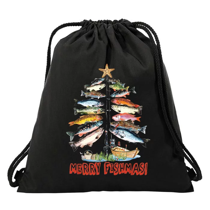 Merry Fishmas Christmas Tree Fish Funny Fishing Drawstring Bag