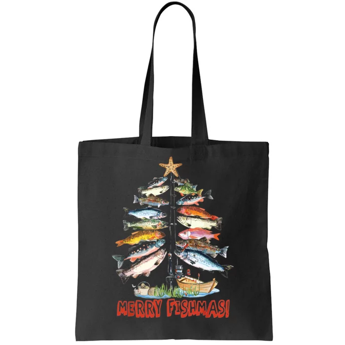 Merry Fishmas Christmas Tree Fish Funny Fishing Tote Bag