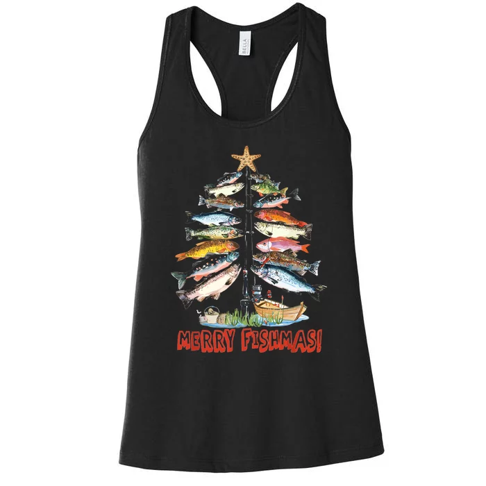 Merry Fishmas Christmas Tree Fish Funny Fishing Women's Racerback Tank