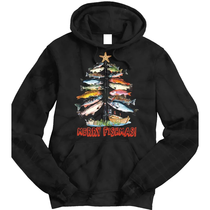 Merry Fishmas Christmas Tree Fish Funny Fishing Tie Dye Hoodie