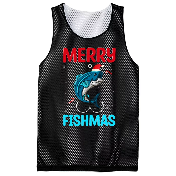 Merry Fishmas Christmas Funny Fishing Fish Santa Snow Gifts Mesh Reversible Basketball Jersey Tank