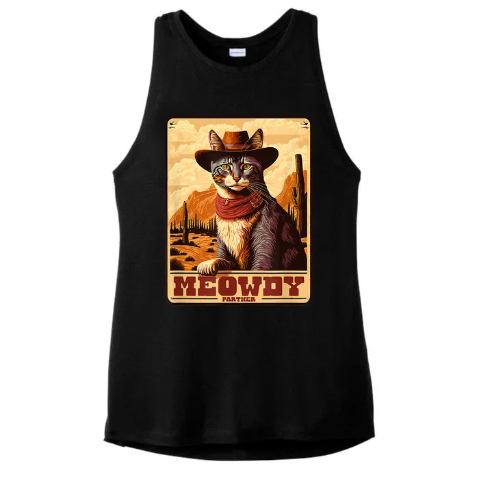 Meowdy! Funny Country Music Cat Cowboy Hat Wanted Poster Ladies Tri-Blend Wicking Tank