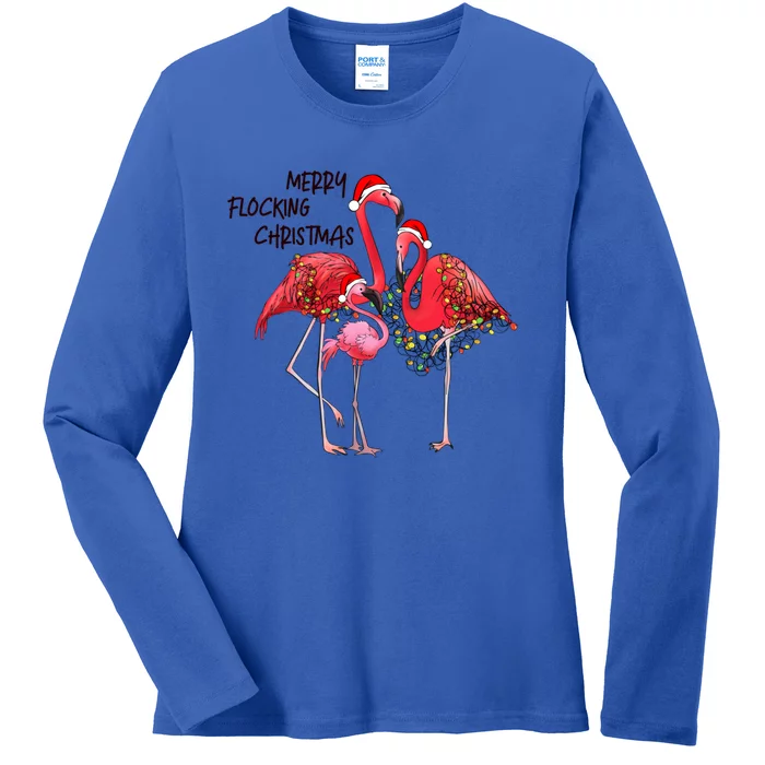 Merry Flocking Christmas Day Pink Flamingo Xmas Holidays Cool Gift Ladies Long Sleeve Shirt