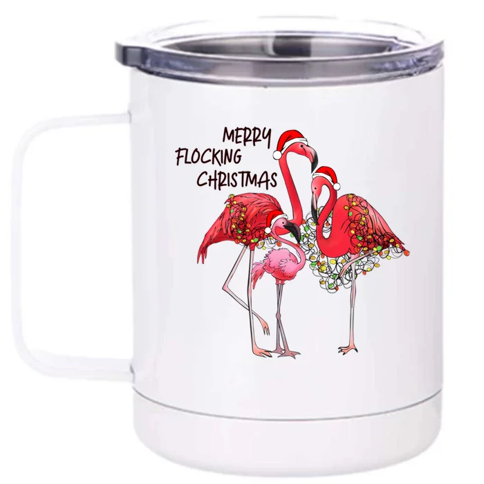 Merry Flocking Christmas Day Pink Flamingo Xmas Holidays Cool Gift Front & Back 12oz Stainless Steel Tumbler Cup