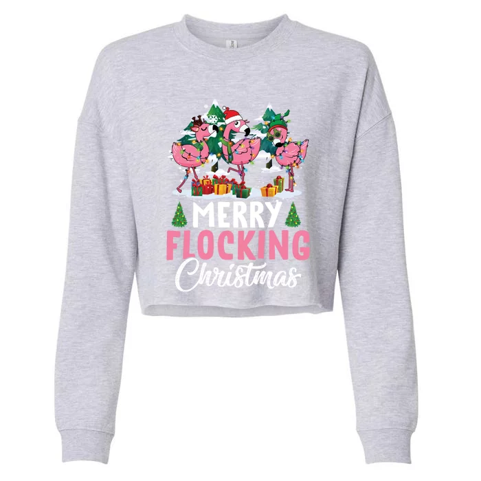 Merry Flocking Christmas Flamingo Pink In Santa Hat Gift Fun Gift Cropped Pullover Crew