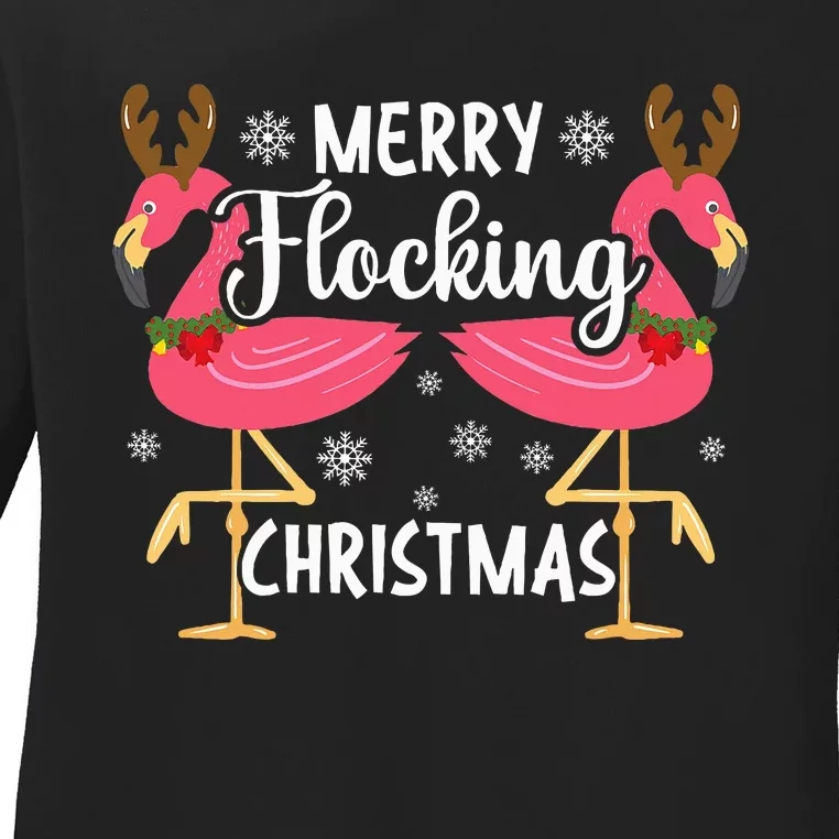 Merry Flocking Christmas Day Pink Flamingo Xmas Holidays Ladies Long Sleeve Shirt