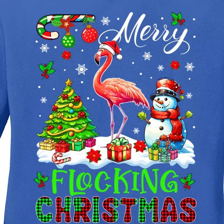 Merry Flocking Christmas Santa Flamingo Xmas Symbols Snow Gift Ladies Long Sleeve Shirt