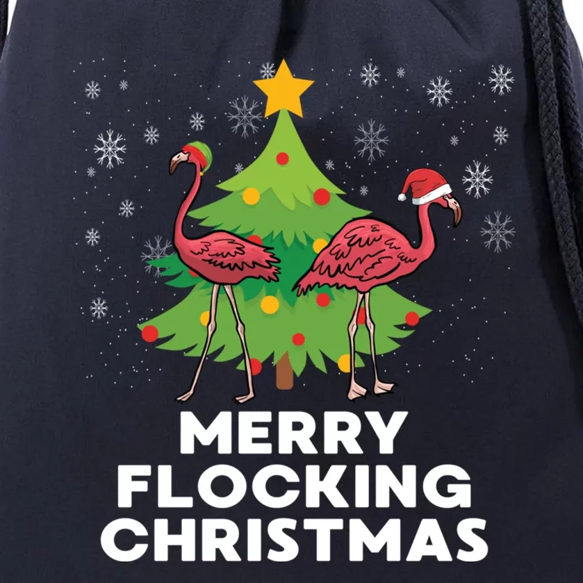 Merry Flocking Christmas Funny Xmas Flamingo Wading Bird Funny Gift Drawstring Bag