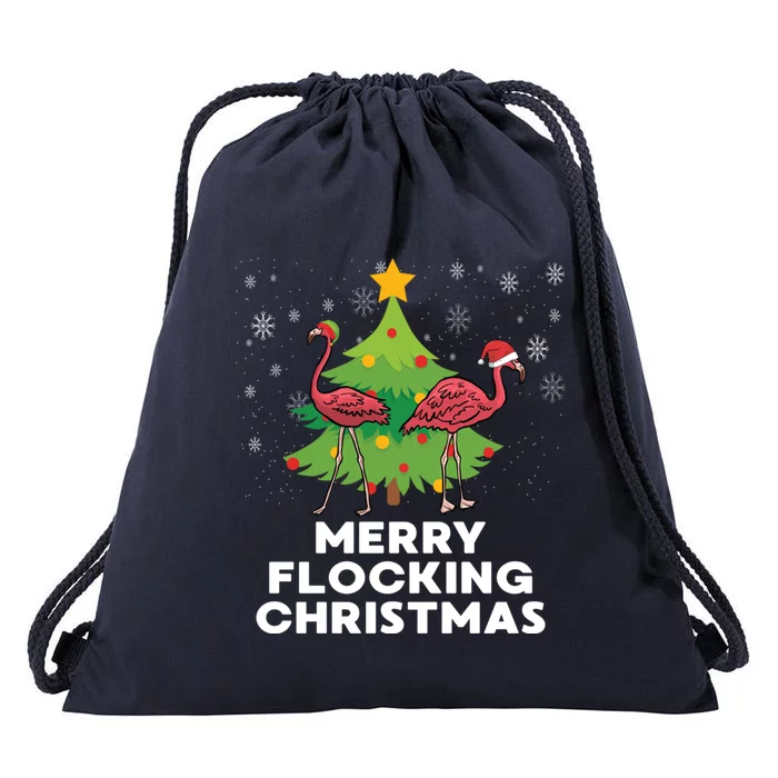 Merry Flocking Christmas Funny Xmas Flamingo Wading Bird Funny Gift Drawstring Bag