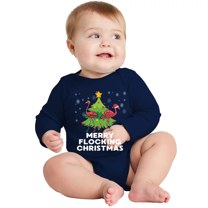 Merry Flocking Christmas Funny Xmas Flamingo Wading Bird Funny Gift Baby Long Sleeve Bodysuit