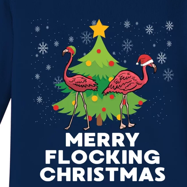 Merry Flocking Christmas Funny Xmas Flamingo Wading Bird Funny Gift Baby Long Sleeve Bodysuit