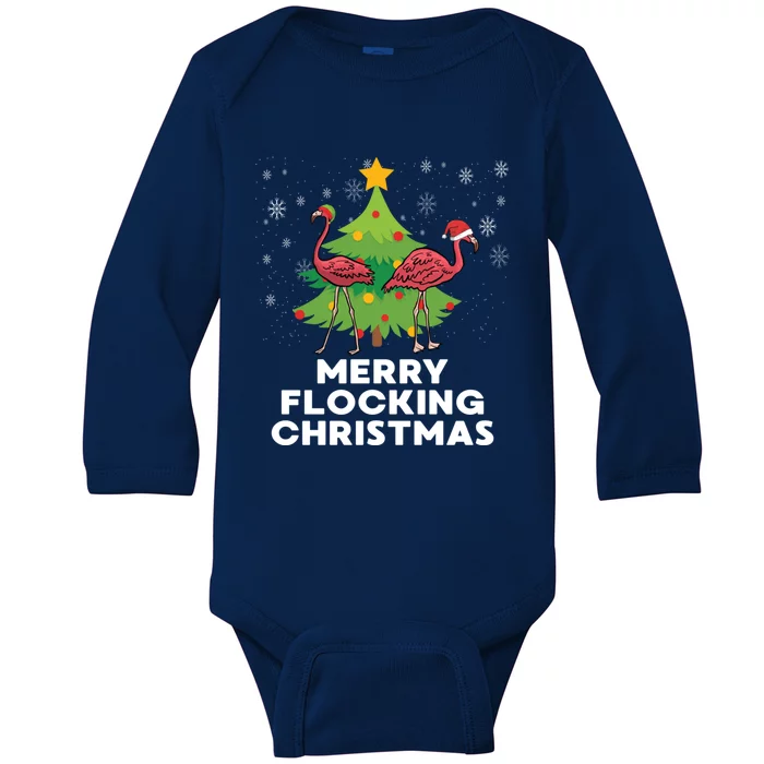 Merry Flocking Christmas Funny Xmas Flamingo Wading Bird Funny Gift Baby Long Sleeve Bodysuit