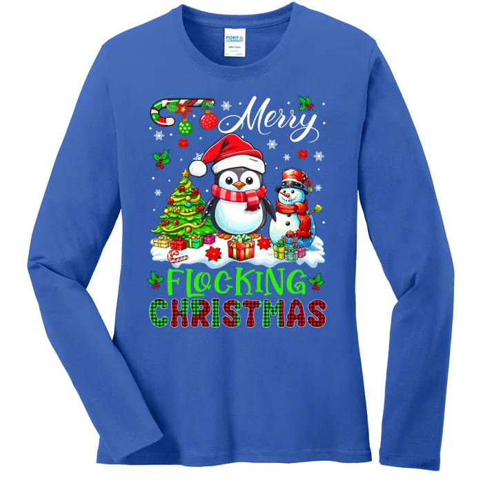 Merry Flocking Christmas Santa Penguin Xmas Symbols Snow Gift Ladies Long Sleeve Shirt