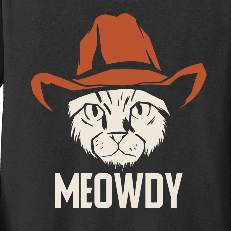 Meowdy Funny Cat Cowboy Kids Long Sleeve Shirt