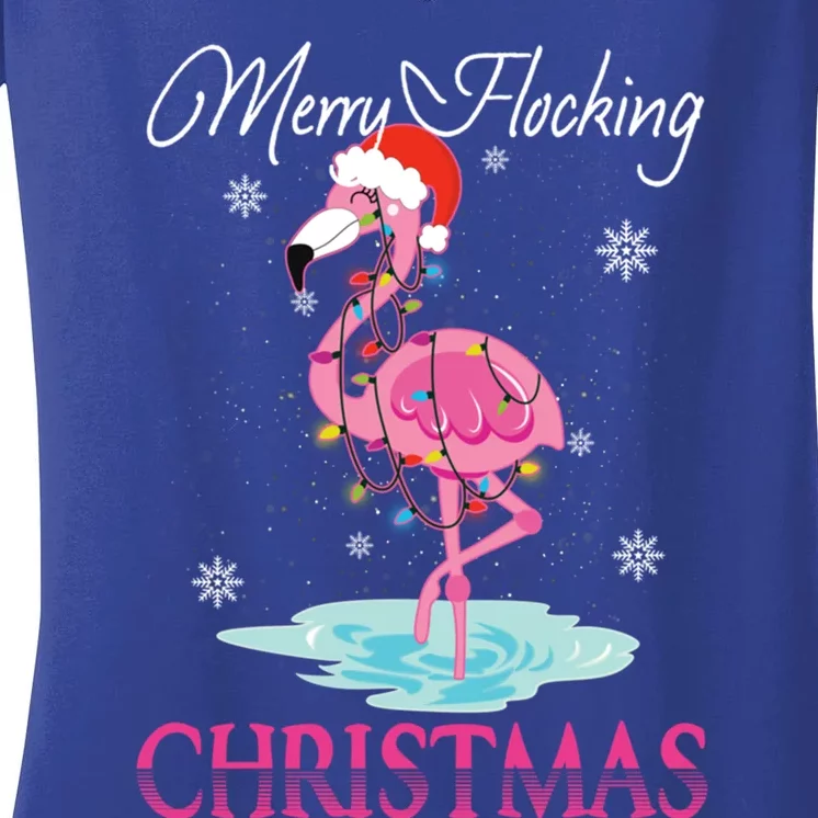 Merry Flocking Christmas Tropical Florida Flamingo Christmas Gift Women's V-Neck T-Shirt