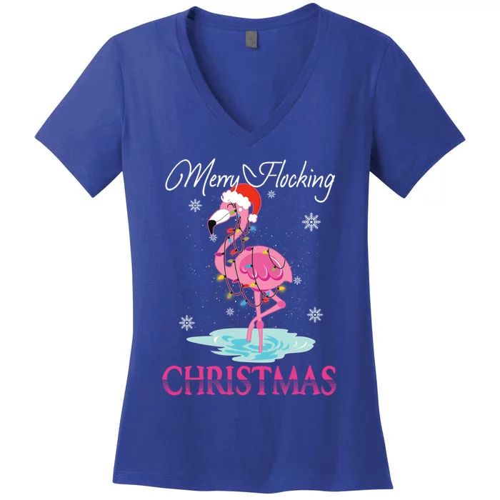 Merry Flocking Christmas Tropical Florida Flamingo Christmas Gift Women's V-Neck T-Shirt