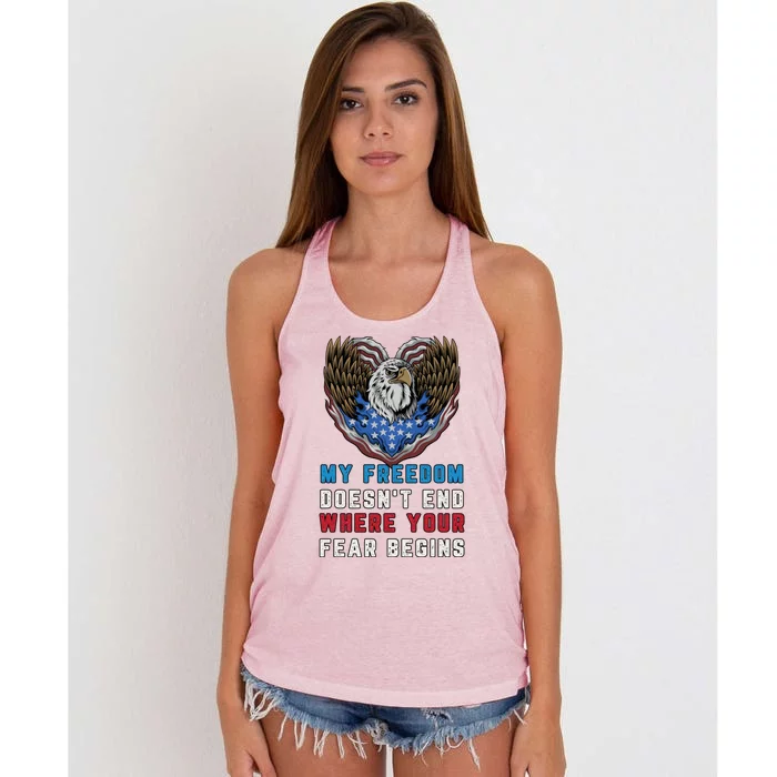 My Freedom Doesn't End Where Your Fear Begins Distressed Gift Women's Knotted Racerback Tank