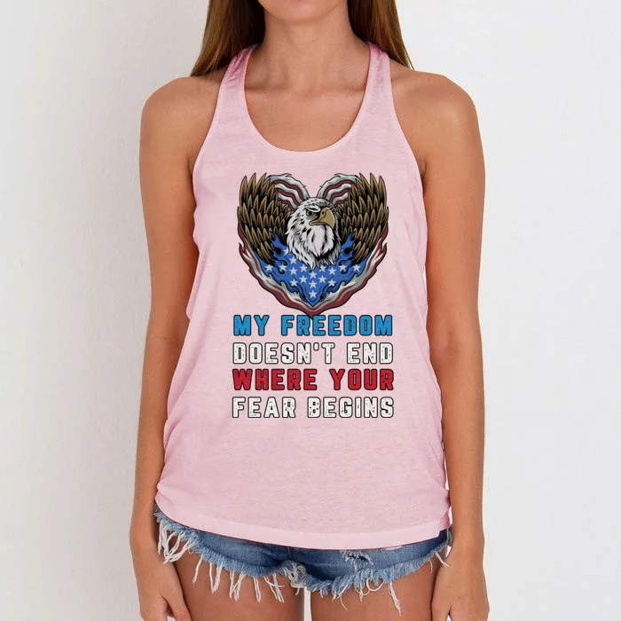 My Freedom Doesn't End Where Your Fear Begins Distressed Gift Women's Knotted Racerback Tank