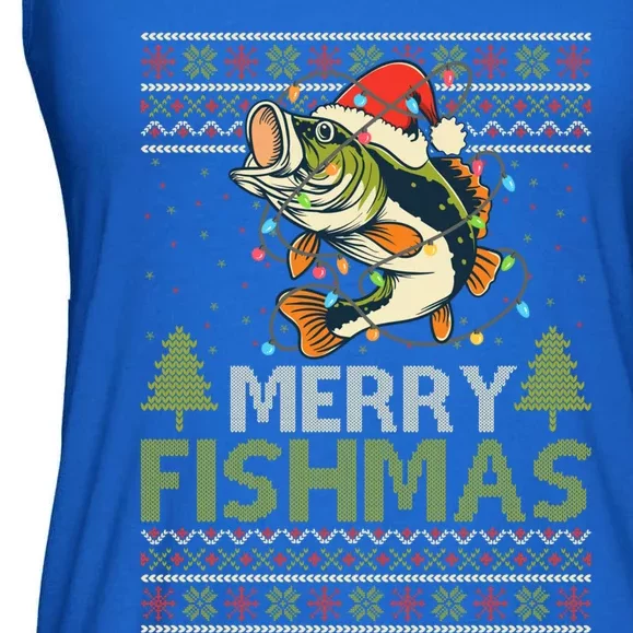 Merry Fishmas Fishing Ugly Christmas Large Mouth Bass Cool Gift Ladies Essential Flowy Tank