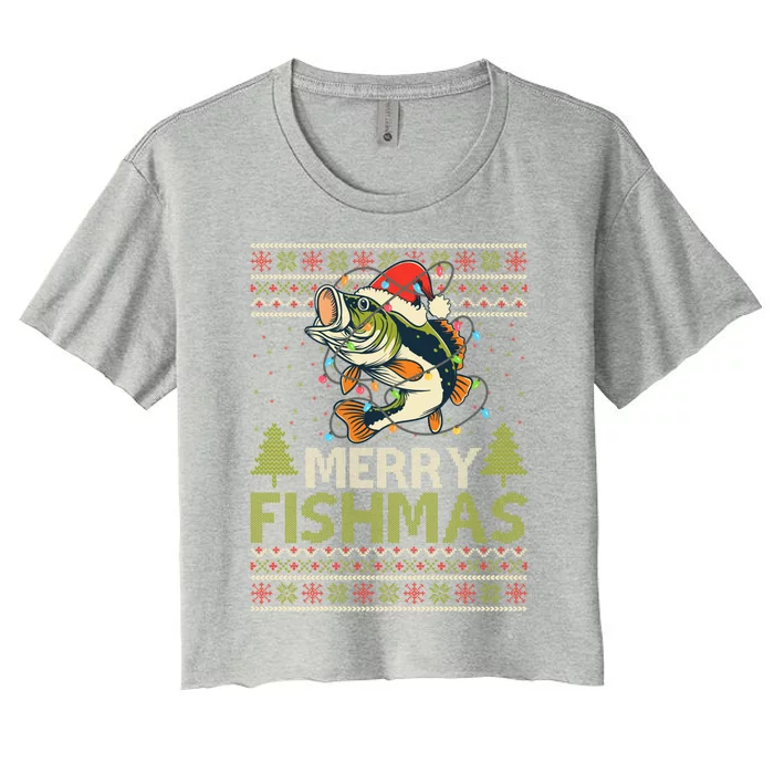 Merry Fishmas Fishing Ugly Christmas Large Mouth Bass Cool Gift Women's Crop Top Tee