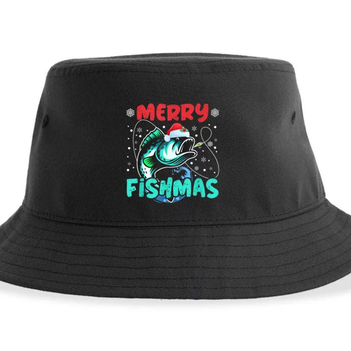 Merry Fishmas Funny Christmas Fishing Fish Gift Xmas Sustainable Bucket Hat