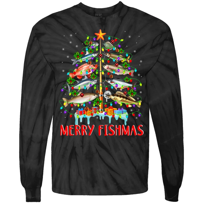 Merry Fishmas Fish Fishing Fisherman Christmas Xmas Tie-Dye Long Sleeve Shirt