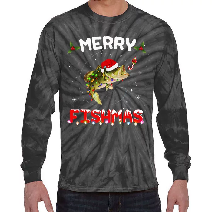 Merry Fishmas Funny Fishing Christmas Pajama Fishers Tie-Dye Long Sleeve Shirt