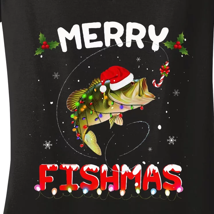 Merry Fishmas Funny Fishing Christmas Pajama Fishers Women's V-Neck T-Shirt