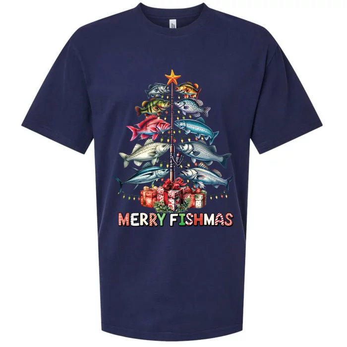 Merry Fishmas Funny Christmas Tree Lights Fishing Rod Fish Sueded Cloud Jersey T-Shirt