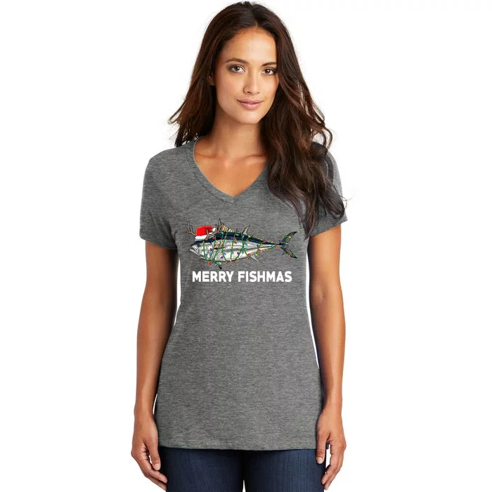 Merry Fishmas Funny Fish Fishing Fisherman Christmas Xmas Women's V-Neck T-Shirt