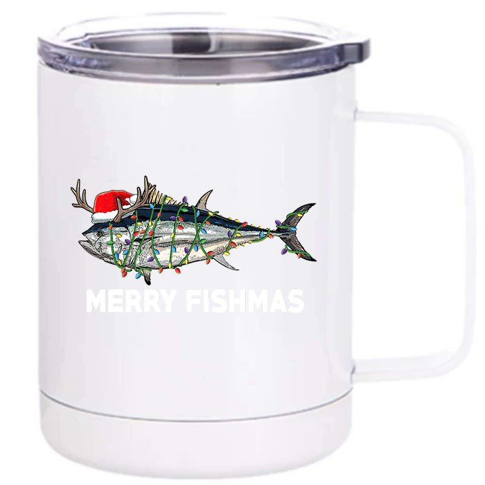 Merry Fishmas Funny Fish Fishing Fisherman Christmas Xmas Front & Back 12oz Stainless Steel Tumbler Cup