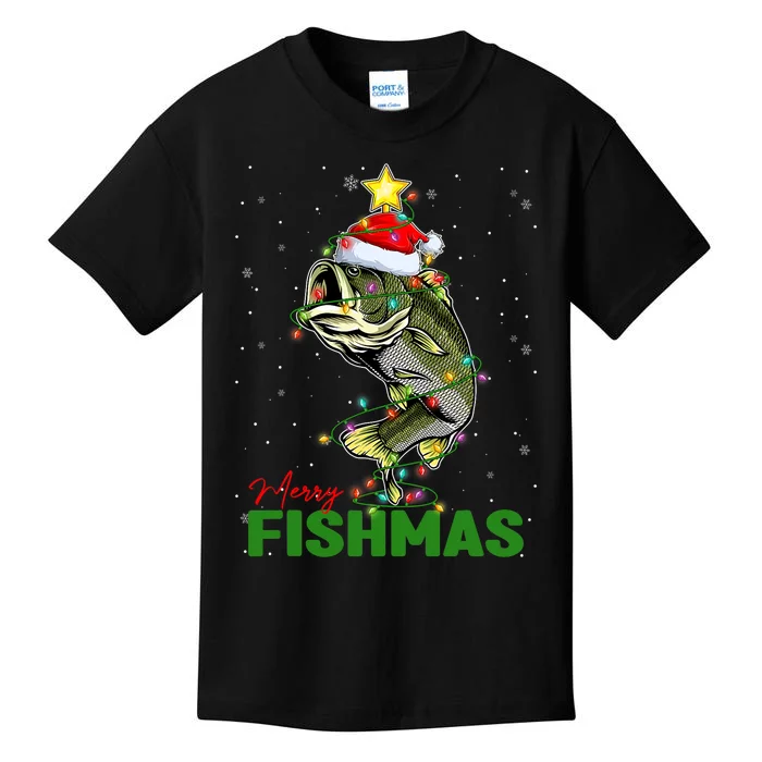 Merry Fishmas Fish Santa Claus Hat & Christmas Tree Lights Kids T-Shirt