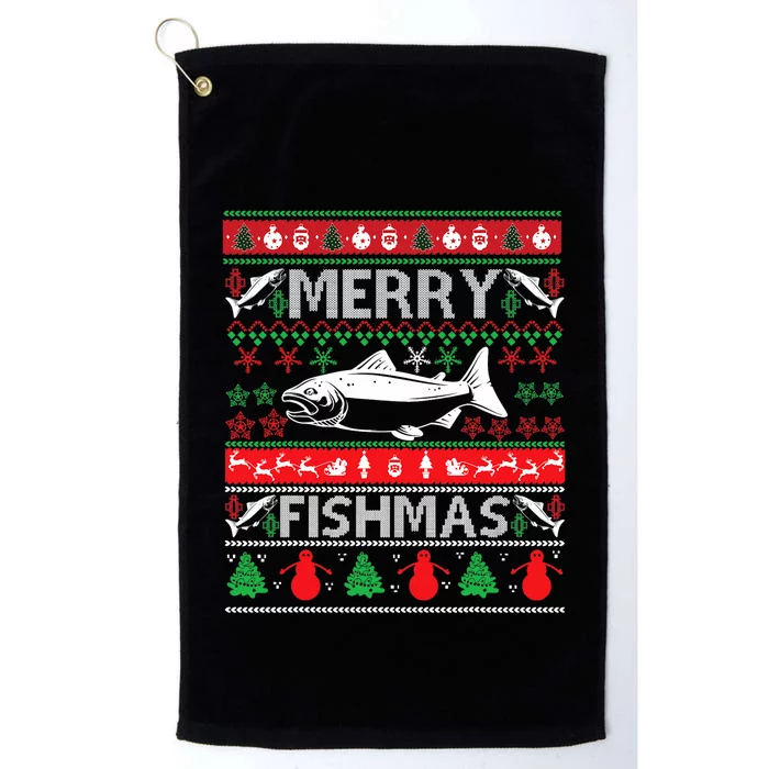 Merry Fishmas Fishing Ugly Christmas Sweater Platinum Collection Golf Towel