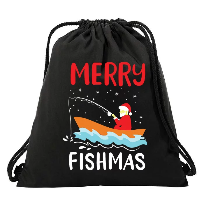 Merry Fishmas Funny Christmas Santa Claus Fishing Fisherman Drawstring Bag