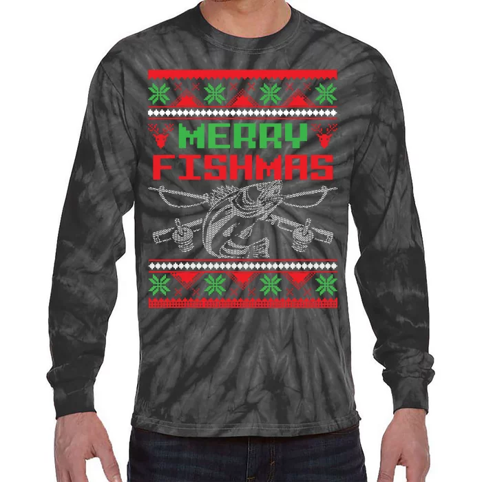 Merry Fishmas Fisherman Fishing Ugly Christmas Tie-Dye Long Sleeve Shirt