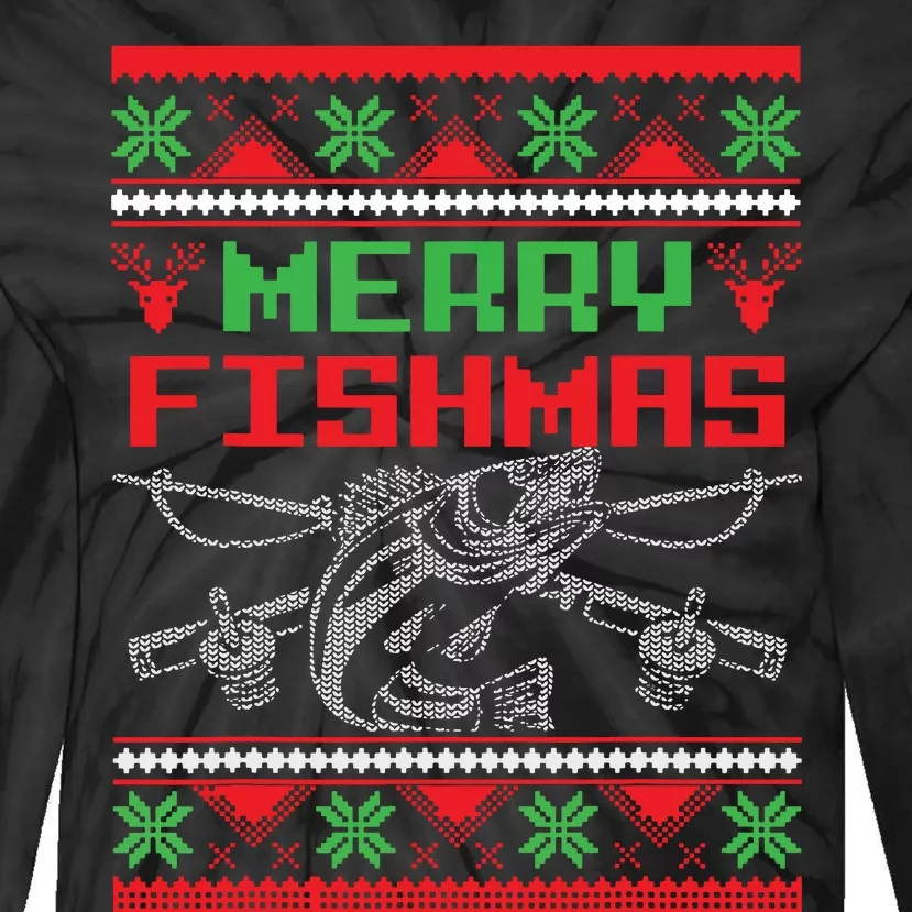 Merry Fishmas Fisherman Fishing Ugly Christmas Tie-Dye Long Sleeve Shirt