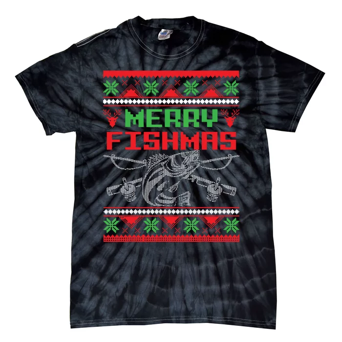 Merry Fishmas Fisherman Fishing Ugly Christmas Tie-Dye T-Shirt