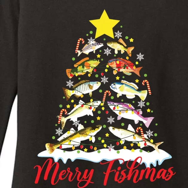 Merry Fishmas Funny Christmas Tree Lights Fish Fishing Rod Womens CVC Long Sleeve Shirt