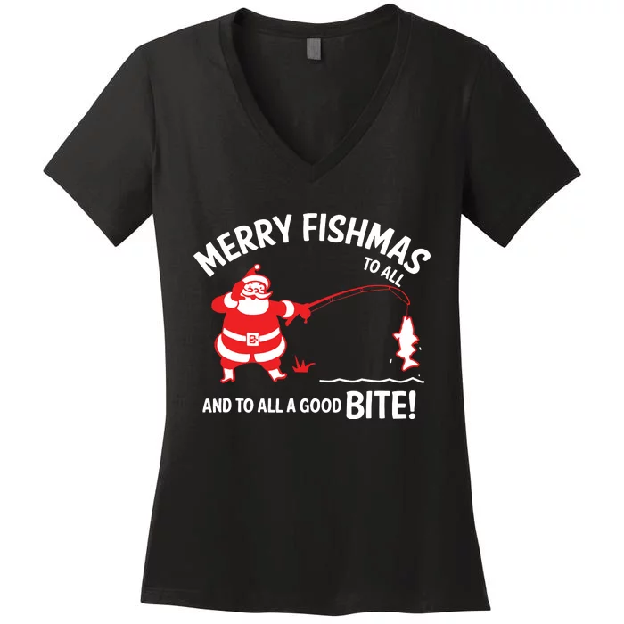 Merry Fishmas Funny Fish Fishing Fisherman Christmas Xmas Women's V-Neck T-Shirt