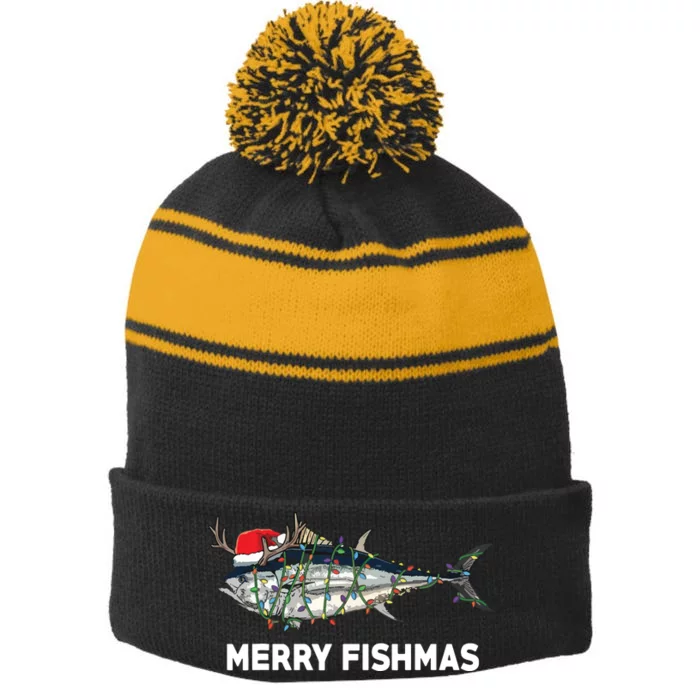 Merry Fishmas Funny Fish Fishing Fisherman Christmas Xmas Stripe Pom Pom Beanie