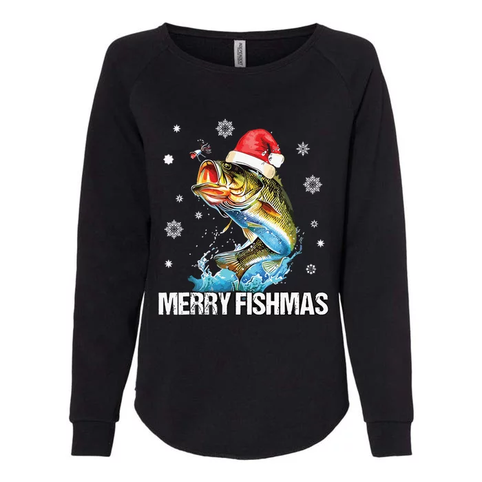 Merry Fishmas Funny Christmas Tree Lights Fish Fishing Rod Womens California Wash Sweatshirt