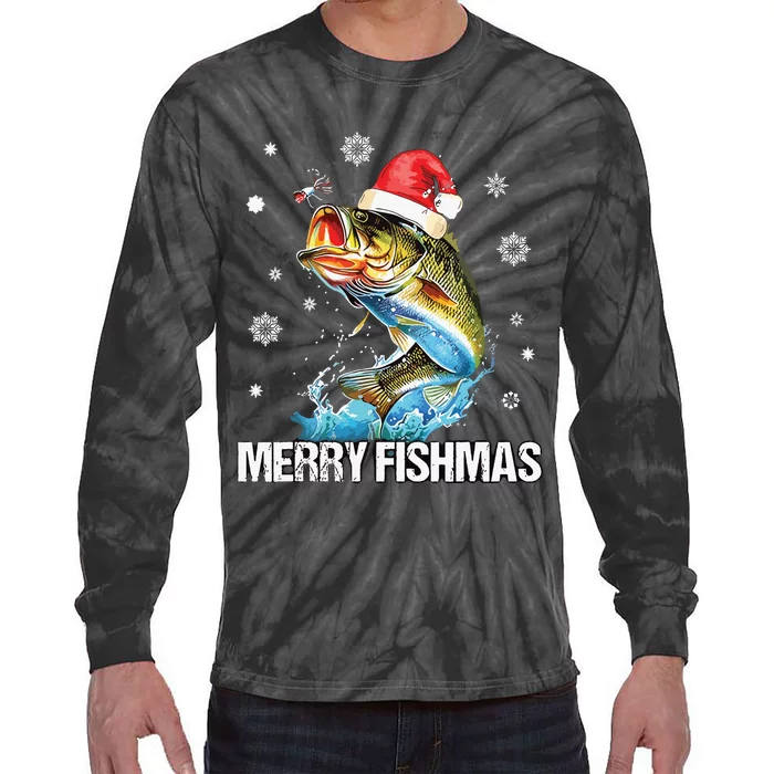 Merry Fishmas Funny Christmas Tree Lights Fish Fishing Rod Tie-Dye Long Sleeve Shirt