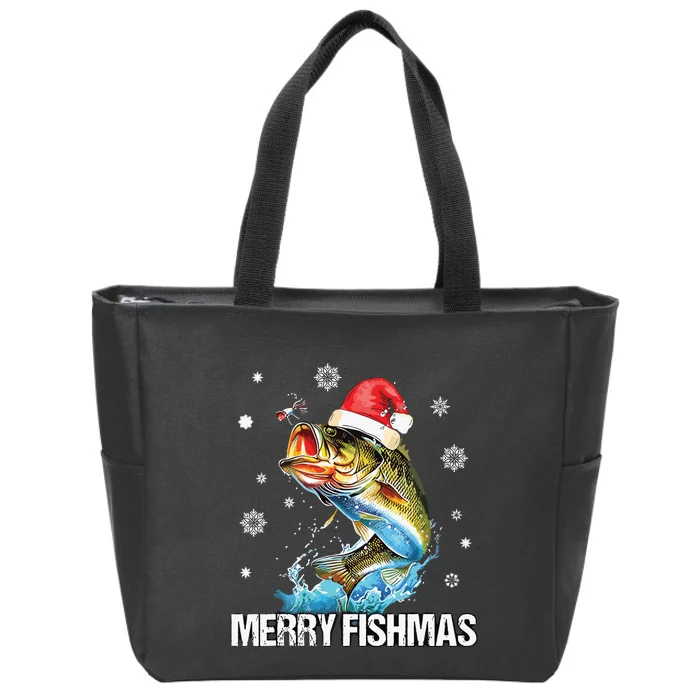 Merry Fishmas Funny Christmas Tree Lights Fish Fishing Rod Zip Tote Bag