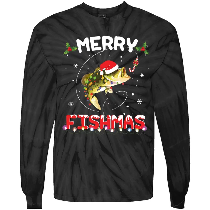 Merry Fishmas Funny Fishing Christmas Pajama Fishers Tie-Dye Long Sleeve Shirt