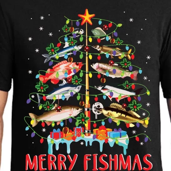 Merry Fishmas Funny Christmas Tree Lights Fish Fishing Rod Pajama Set