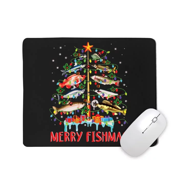 Merry Fishmas Funny Christmas Tree Lights Fish Fishing Rod Mousepad