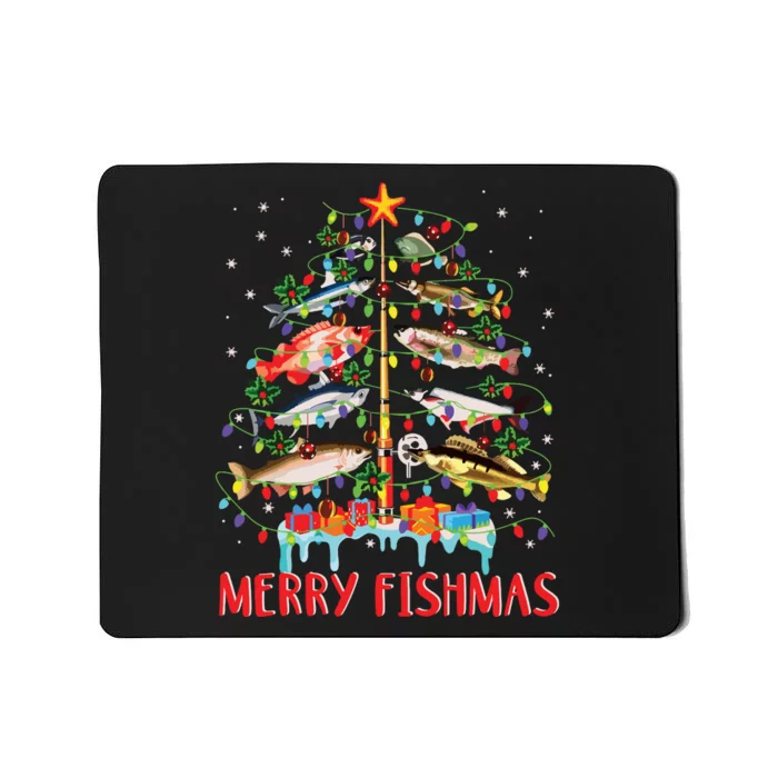 Merry Fishmas Funny Christmas Tree Lights Fish Fishing Rod Mousepad