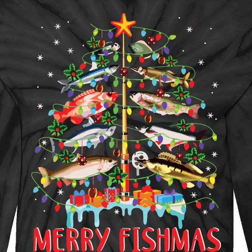 Merry Fishmas Funny Christmas Tree Lights Fish Fishing Rod Tie-Dye Long Sleeve Shirt