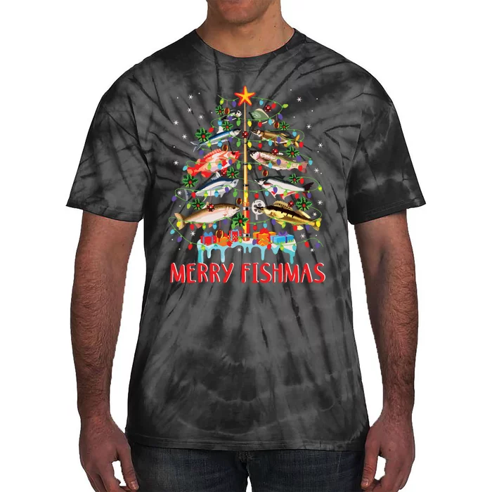 Merry Fishmas Funny Christmas Tree Lights Fish Fishing Rod Tie-Dye T-Shirt