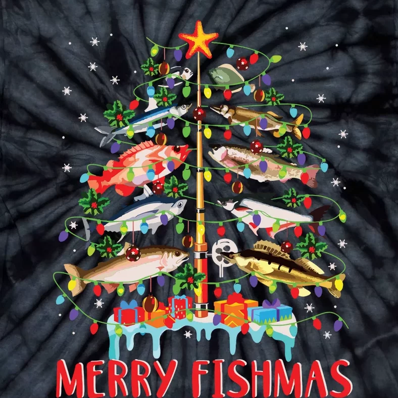 Merry Fishmas Funny Christmas Tree Lights Fish Fishing Rod Tie-Dye T-Shirt